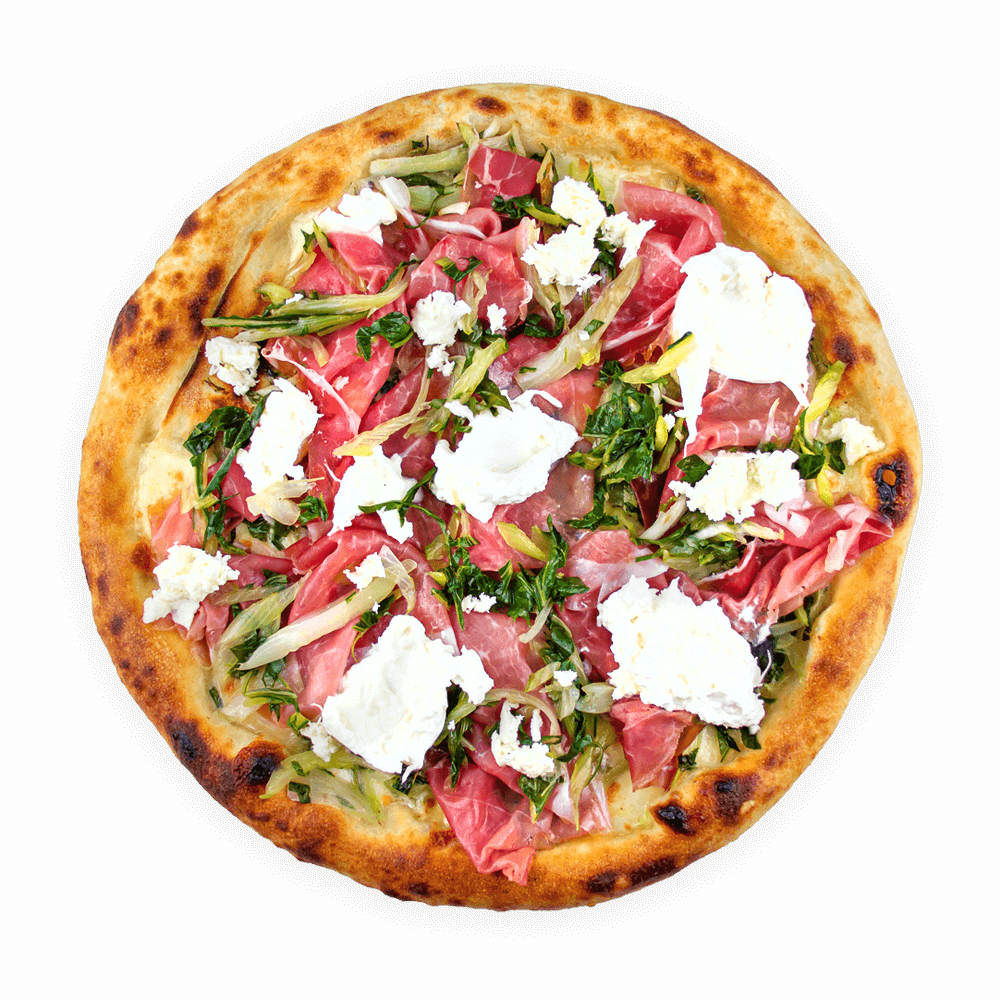 pizza al puntino con puntarelle e prosciutto crudo