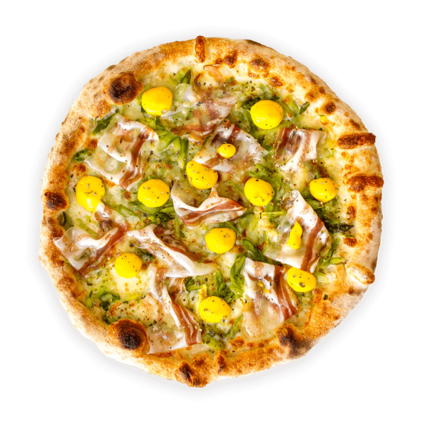 pizza con asparagi verdi e guanciale affumicato